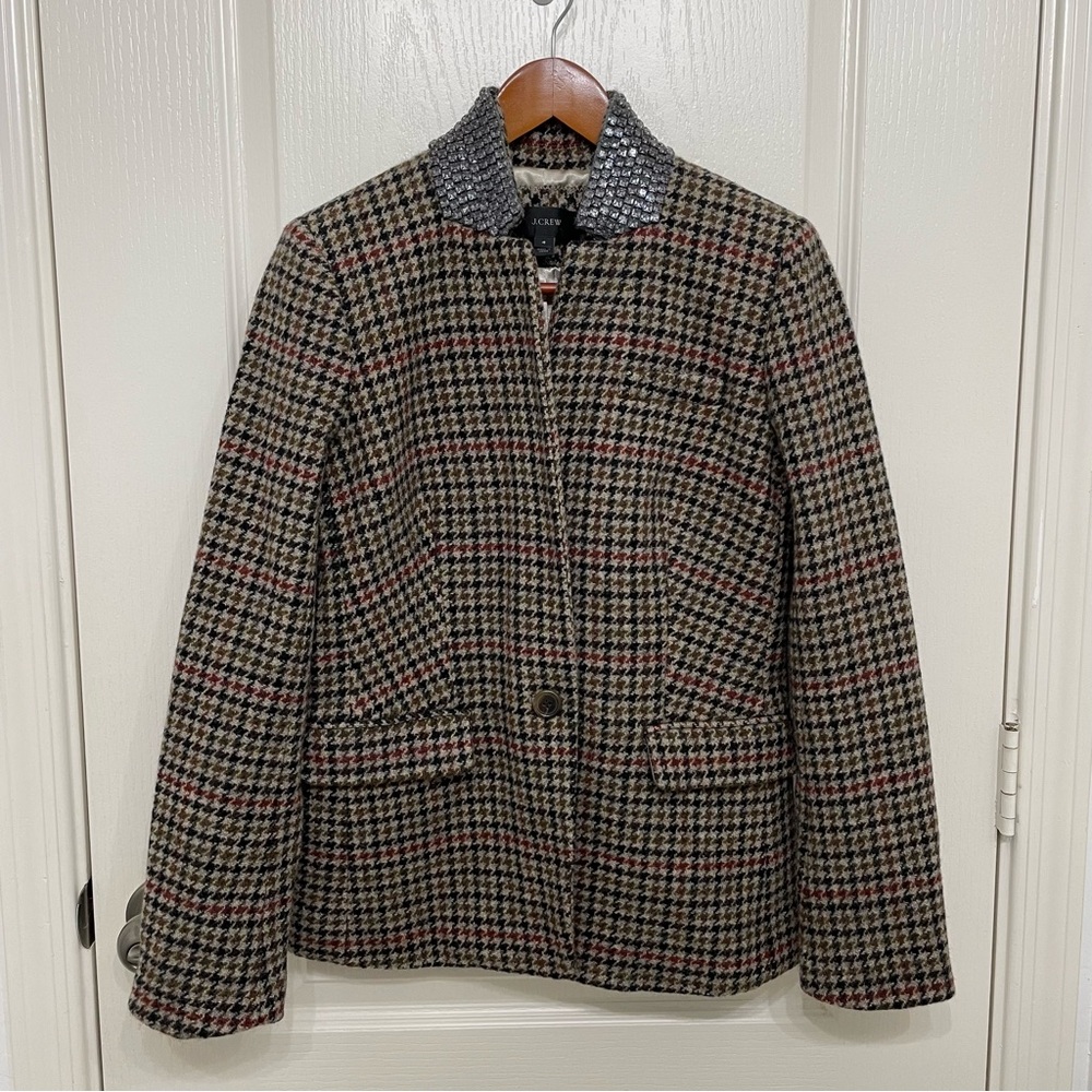 J. Crew Regent Jewel Collar Wool Houndstooth Blazer